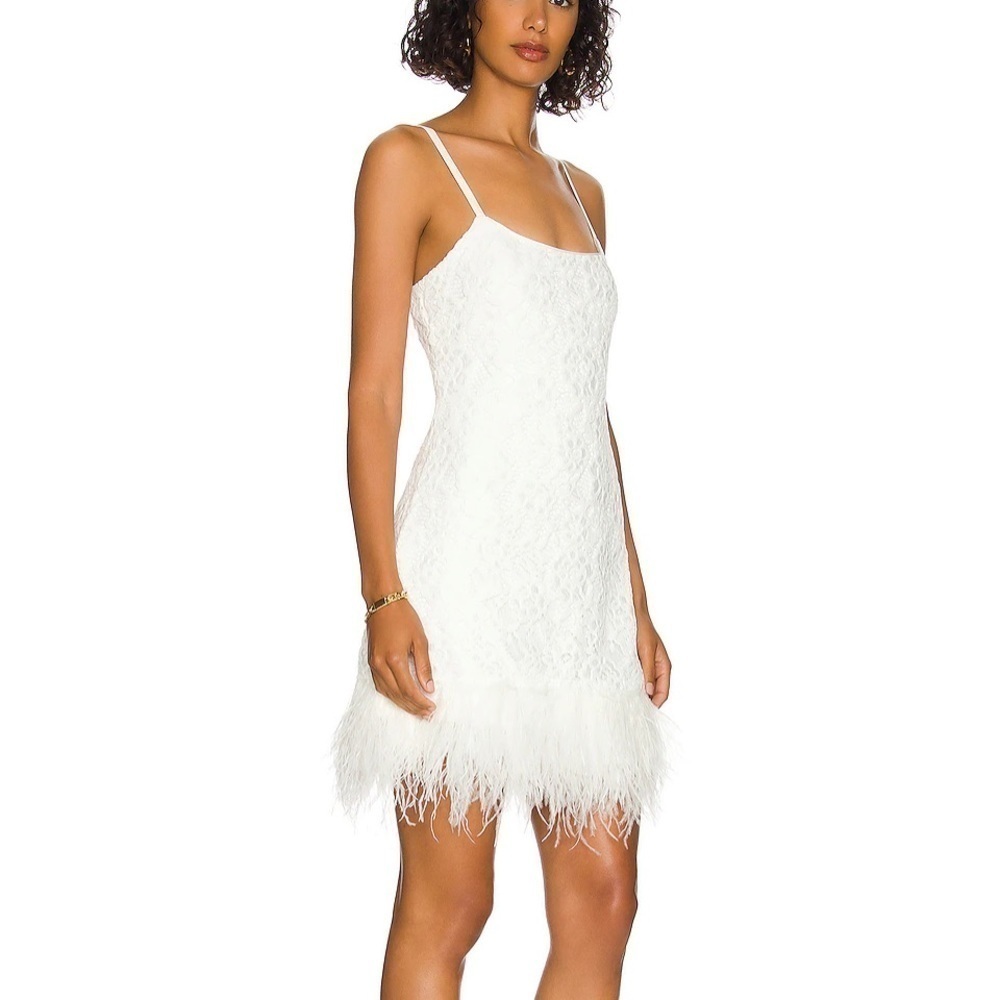 Likely Mari White Feather Trim Mini Lace Dress Spaghetti Strap Size 10